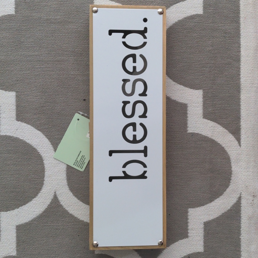 "Blessed" Light Wood and White Metal Sign NWT
